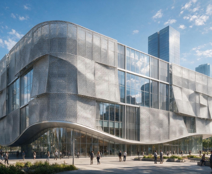 Ventilated And Decorative Aluminum Mesh Panels Create Bright, Dynamic Building Facades